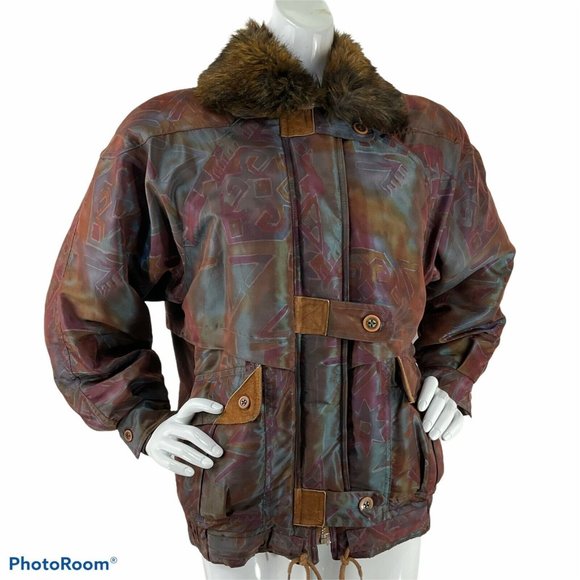 Braefair Coat Womens Sz S Vintage Aztec Retro 90's Leather trim Faux Fur Collar - Picture 1 of 8